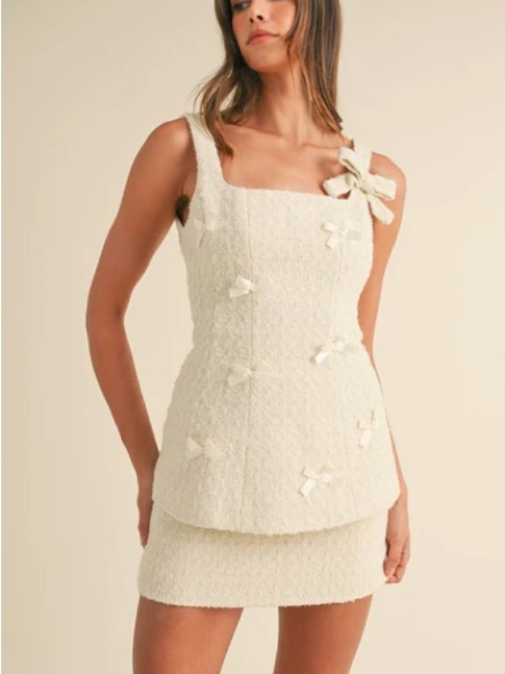 Cream Tweed Skirt Set with Bows